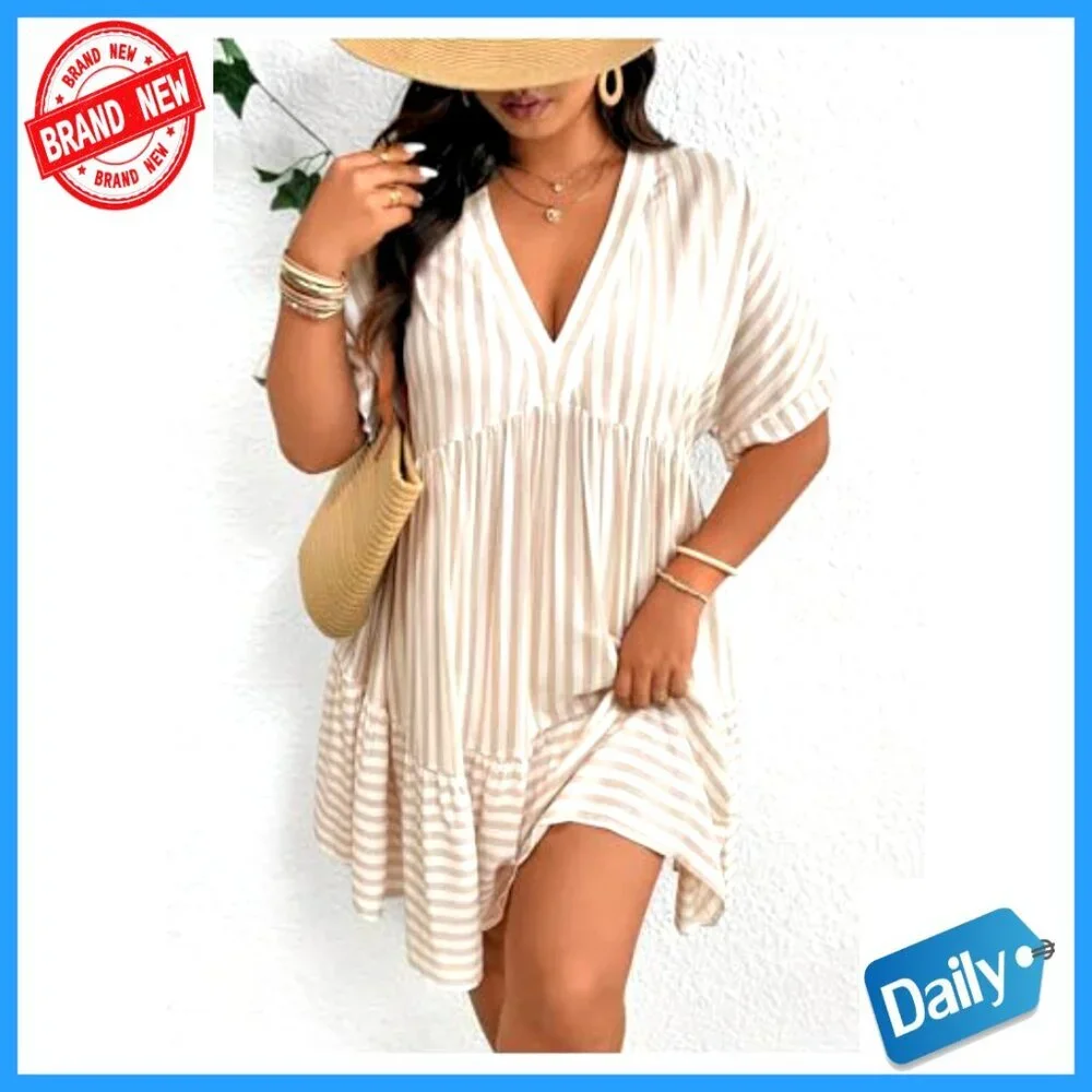 Plus Size Striped Ruffle Dress Deep V Neck Half Sleeve Flowy Babydoll - Picture 4 of 5